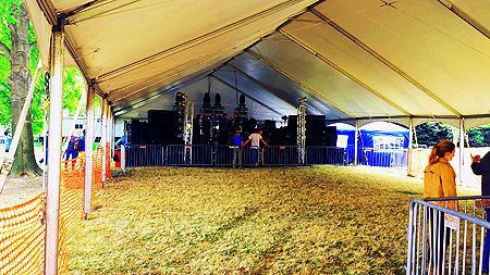 St Jude Event Stage for rent with skirting, stairs, tent roof, and sound